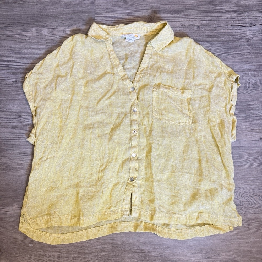 C&C California Womens XL Yellow Linen Short Sleeve Button Up Boxy Shirt Top